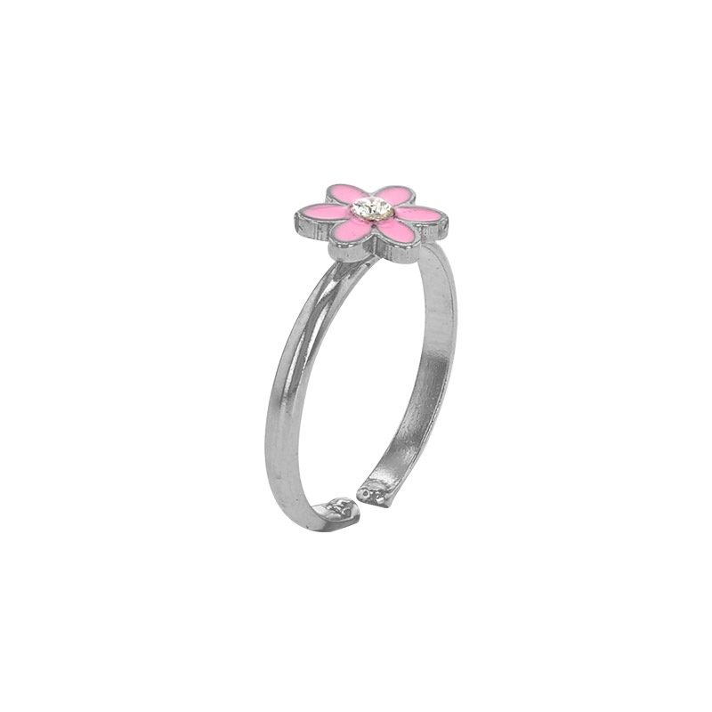 Bague réglable fleur émail rose et verre argent 925/1000 rhodié