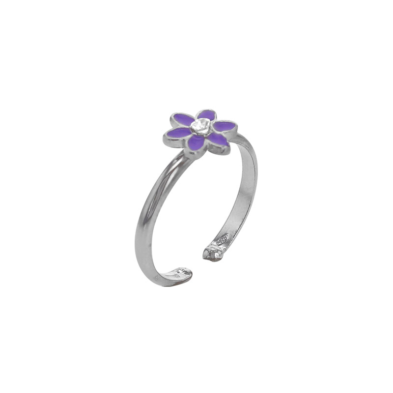 Bague réglable fleur émail violet et verre argent 925/1000 rhodié