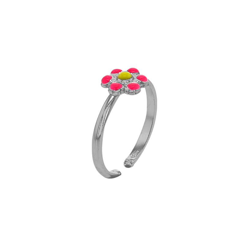 Bague réglable fleur émail fuchsia et jaune argent 925/1000 rhodié