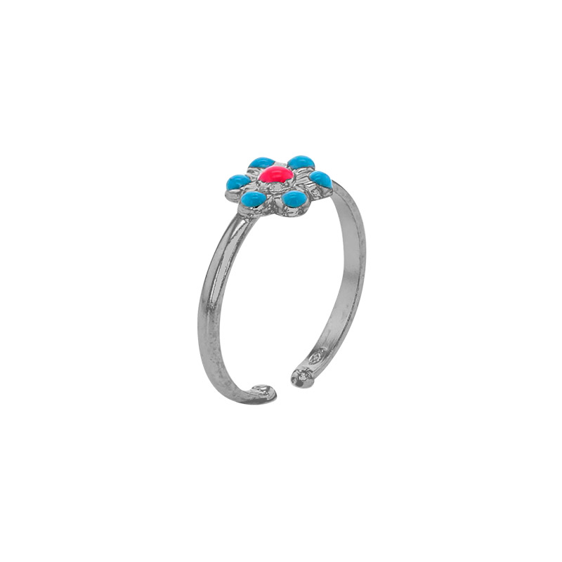 Bague réglable fleur émail rose et bleu argent 925/1000 rhodié