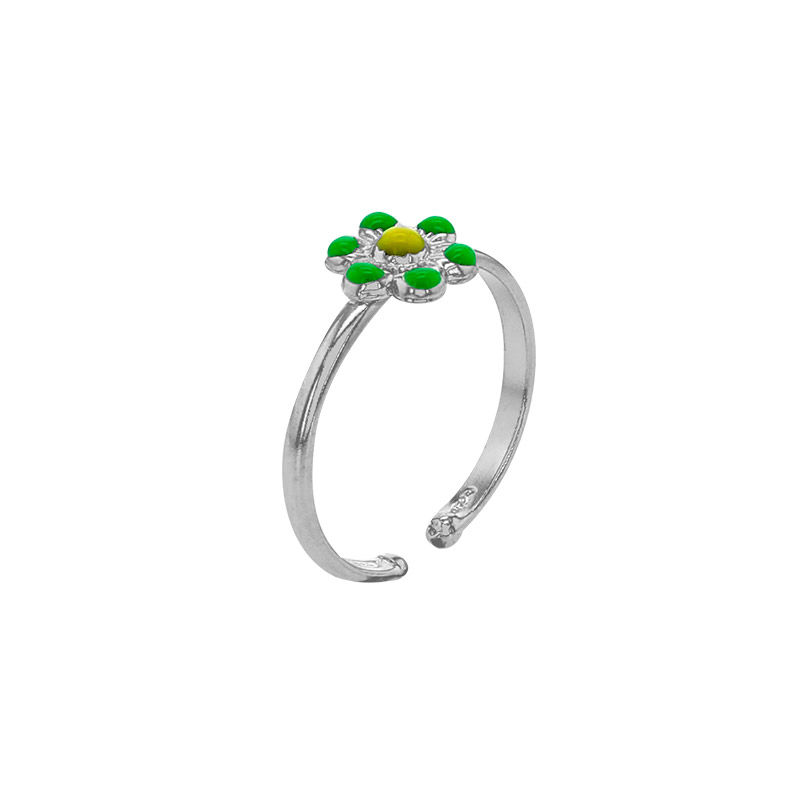 Bague réglable fleur émail vert et jaune argent 925/1000 rhodié