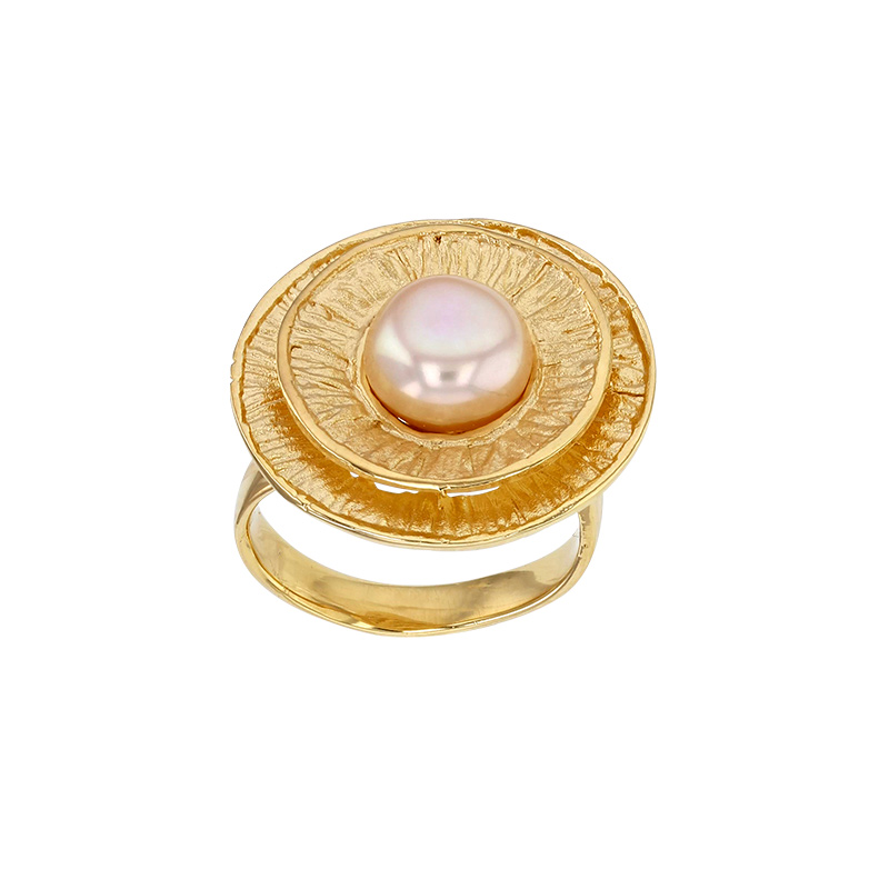 Bague réglable ronde, argent 925/1000 doré, avec perle de culture d'eau douce