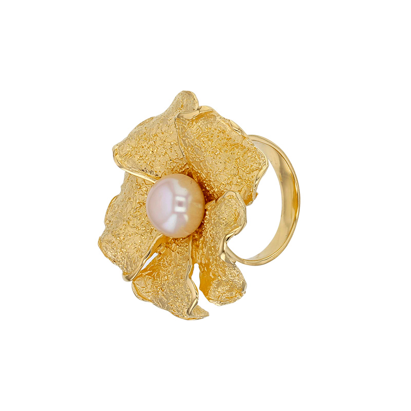 Bague fleur réglable ornée d'une perle de culture d'eau douce, argent 925/1000 doré