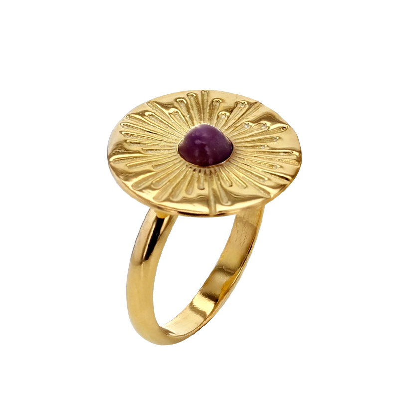 Bague ronde, aspect ciselé en forme de soleil, pierre synthétique rouge, argent 925/1000 doré