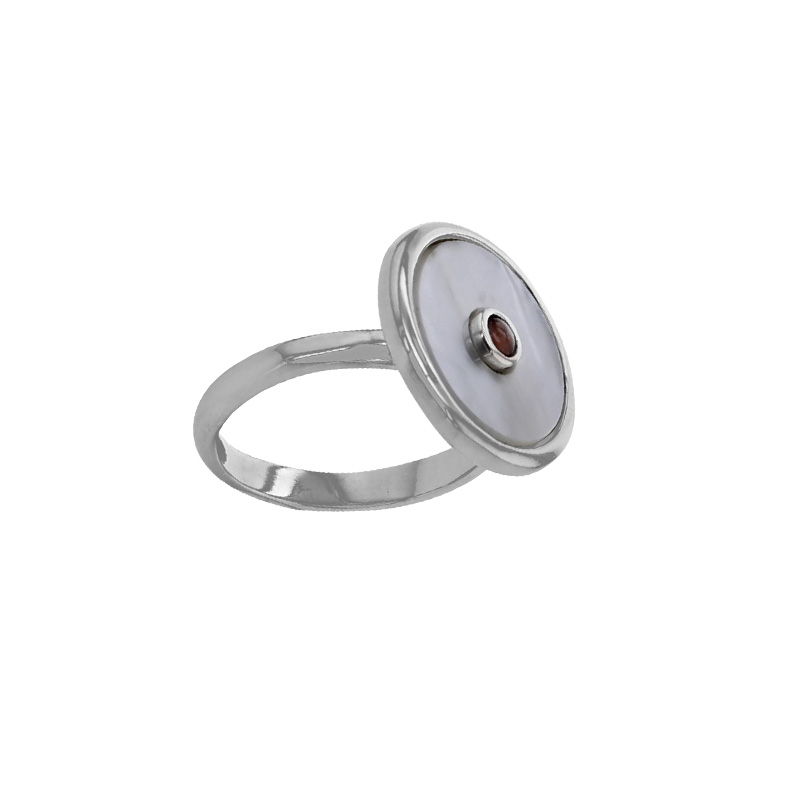 Bague ronde avec nacre et perle d'imitation rubis en argent 925/1000 rhodié