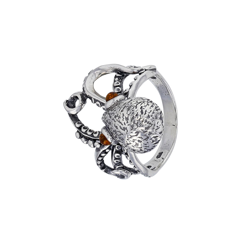 Bague en forme de pieuvre, en ambre et argent 925/1000 vieilli