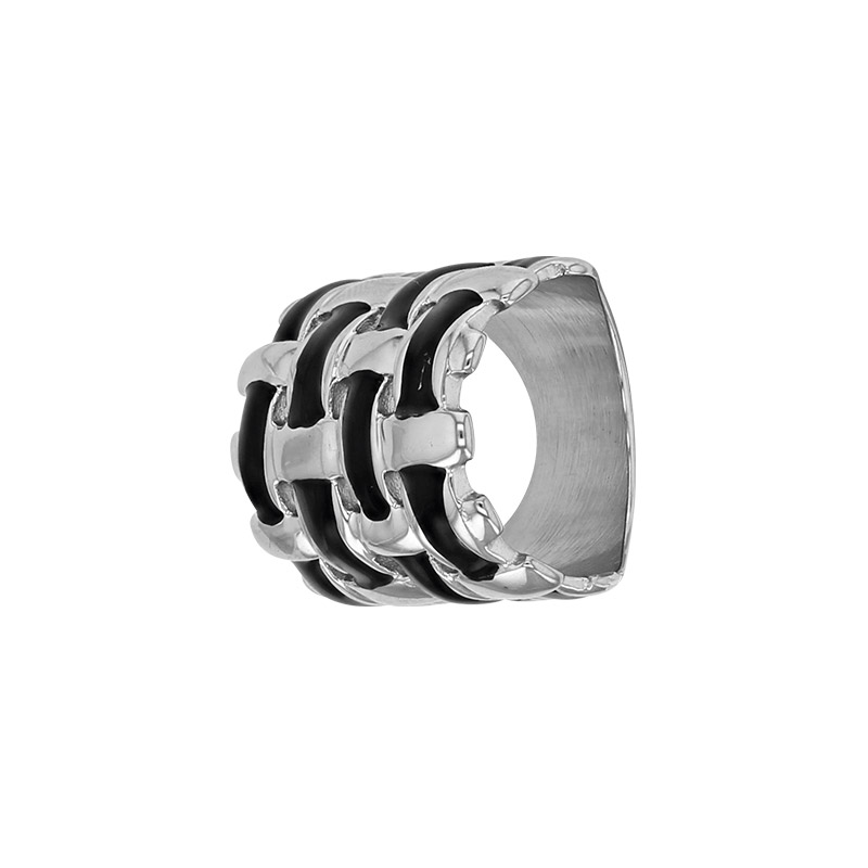 Bague large entrelacée en émail noir et acier doré