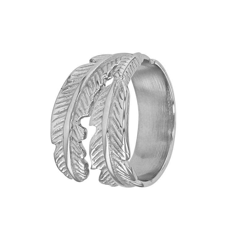 Bague motif plume en acier inoxydable doré