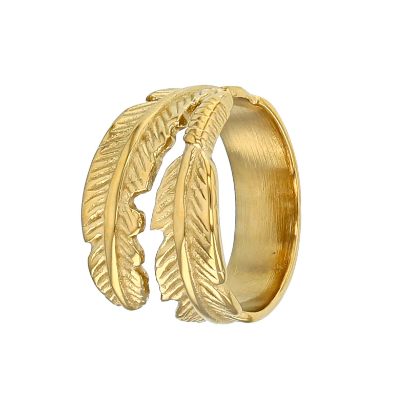 Bague motif plume en acier inoxydable doré