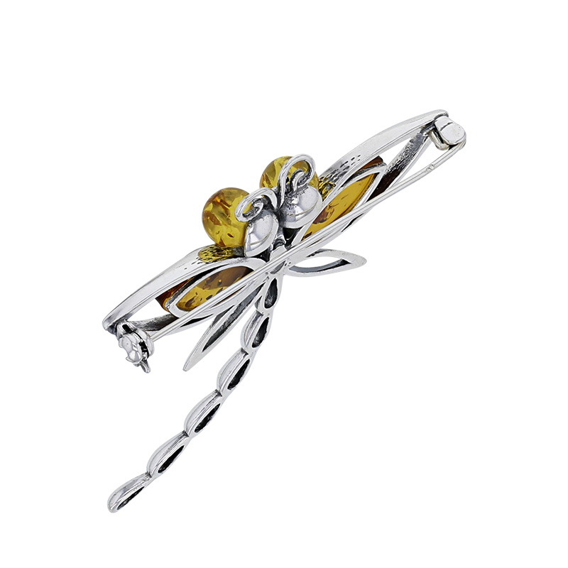 Broche libellule en argent 925/1000 rhodié et ambre vert