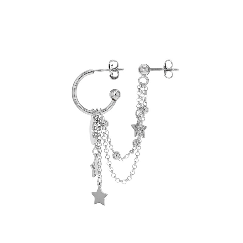Boucle mini chaînes, demi-créole lune, étoiles et boules argent 925/1000 platiné (à l'unité)