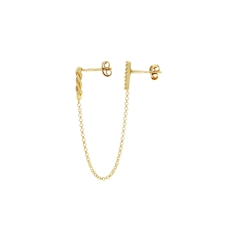Boucle mini chaîne cercle torsadée et tige avec oxydes, argent 925/1000 doré (à l'unité)