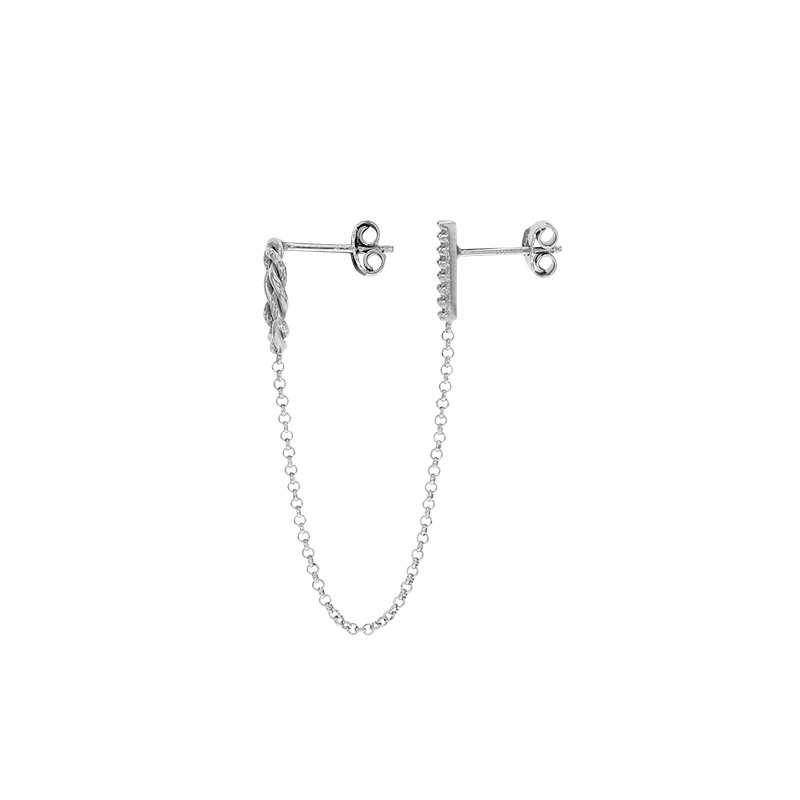 Boucle mini chaîne cercle torsadée et tige avec oxydes, argent 925/1000 platiné (à l'unité)