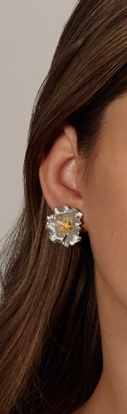 Clips oreilles percées fleur de pavot, argent 925/1000 platiné et doré