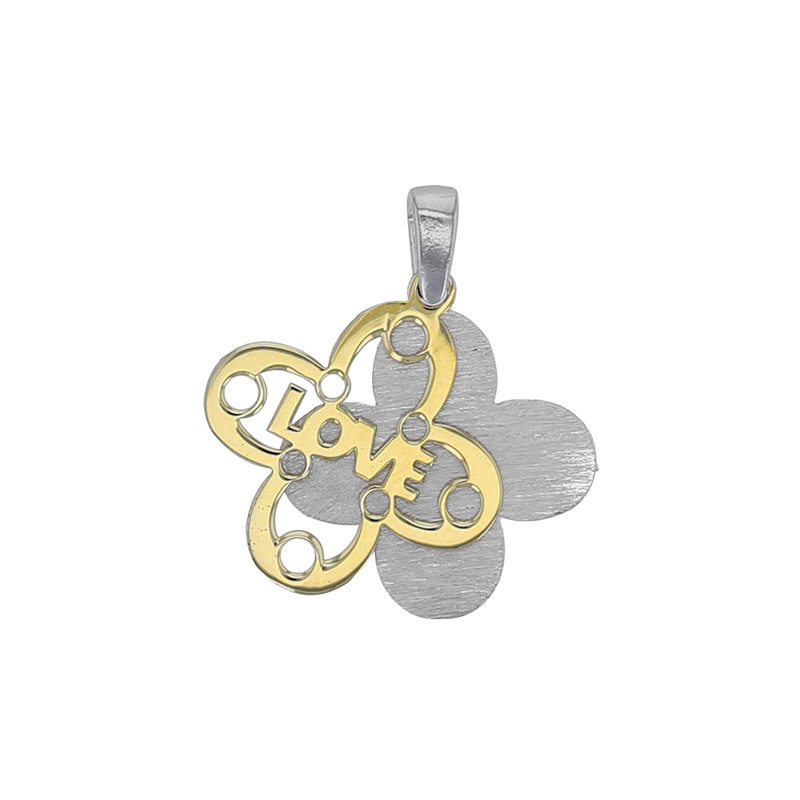 Pendentif 2 trèfles en argent 925/1000 rhodié et doré et gravé Love