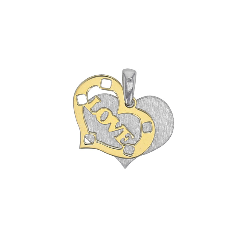 Pendentif 2 coeurs en argent 925/1000 rhodié et doré et gravé Love
