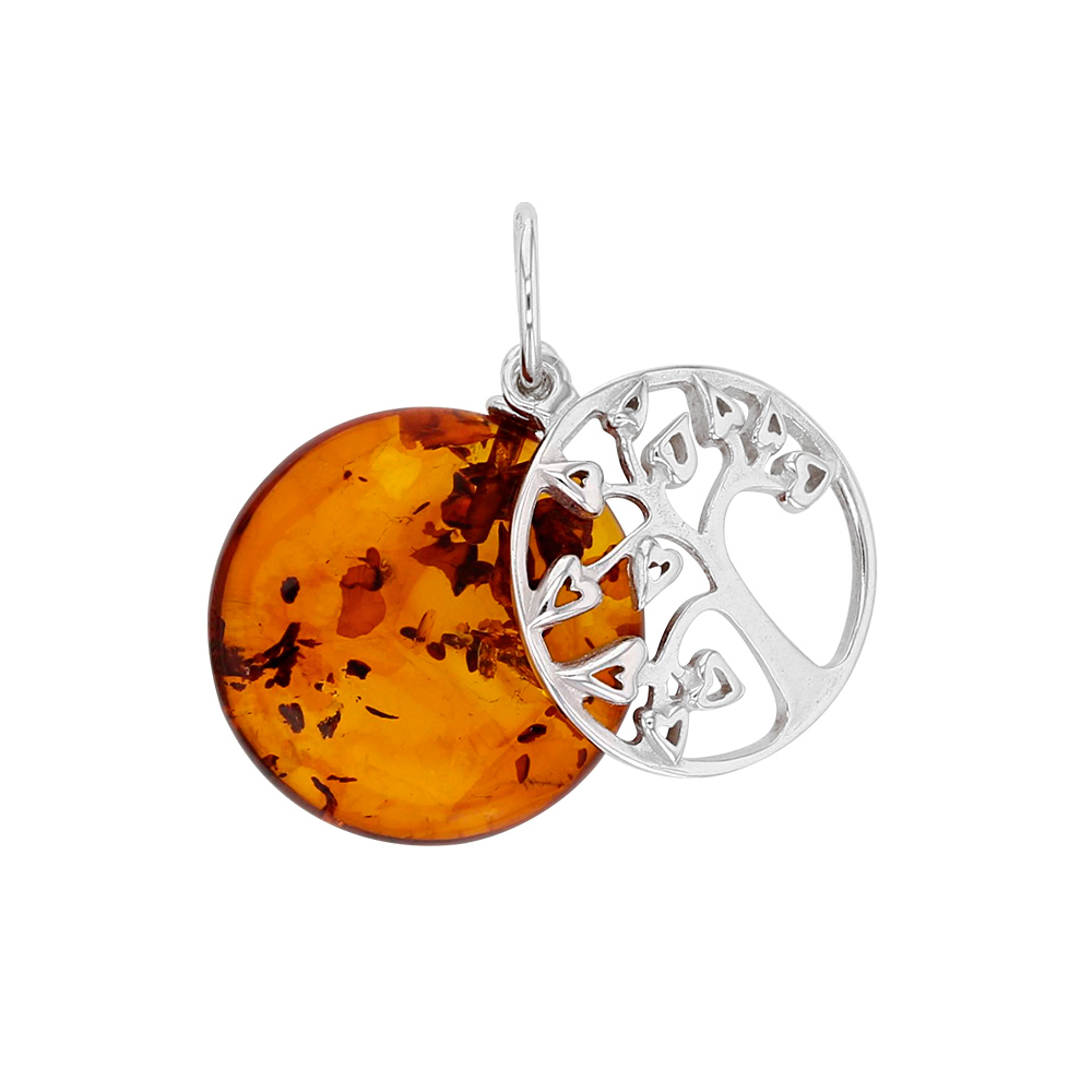 Pendentif rond ambre cognac et arbre de vie en argent 925/1000 rhodié
