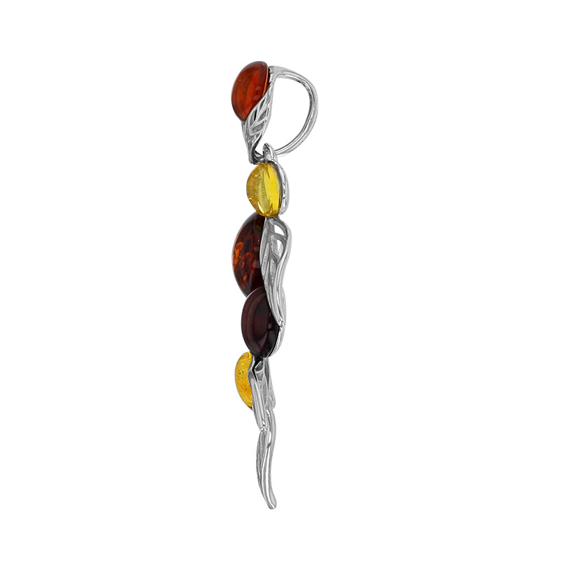 Pendentif pierres Ambre cognac, citrine et cerise avec feuilles argent 925/1000 rhodié