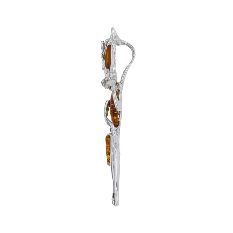 Pendentif chat avec Ambre cognac, argent 925/1000 rhodié