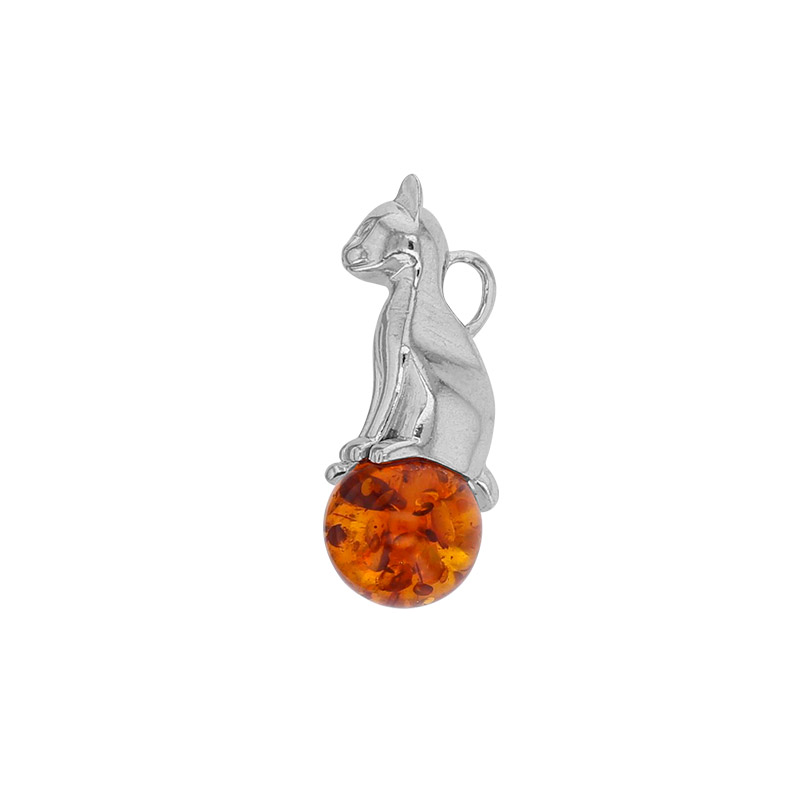 Pendentif forme chat en argent 925/1000 rhodié et ambre cognac