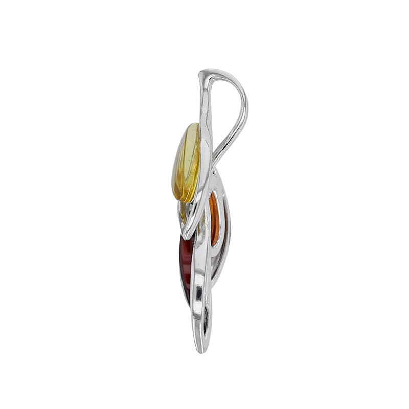Pendentif forme 3 feuilles en pierres d'Ambre cognac, miel et marron, argent 925/1000 rhodié