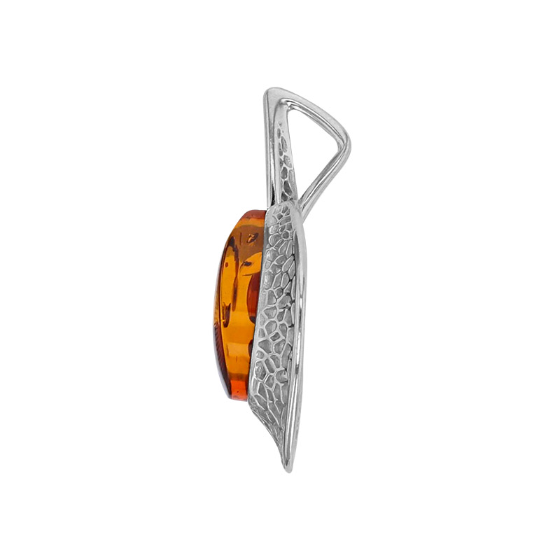 Pendentif motif ajouré, ambre cognac forme ovale en argent 925/1000 rhodié