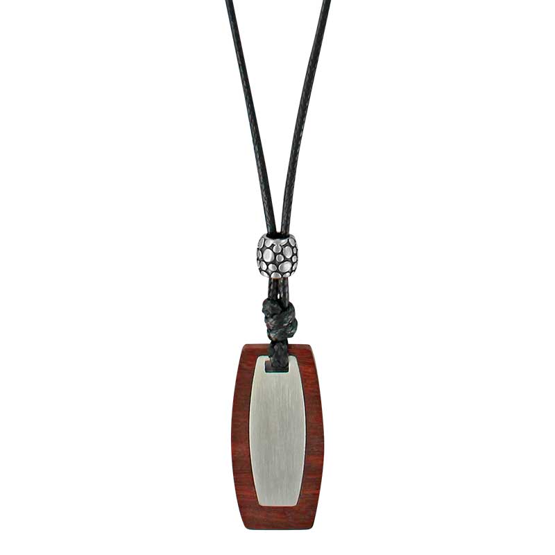 Collier cordon nylon ciré noir réglable avec perle et plaque motif reptile bois et acier