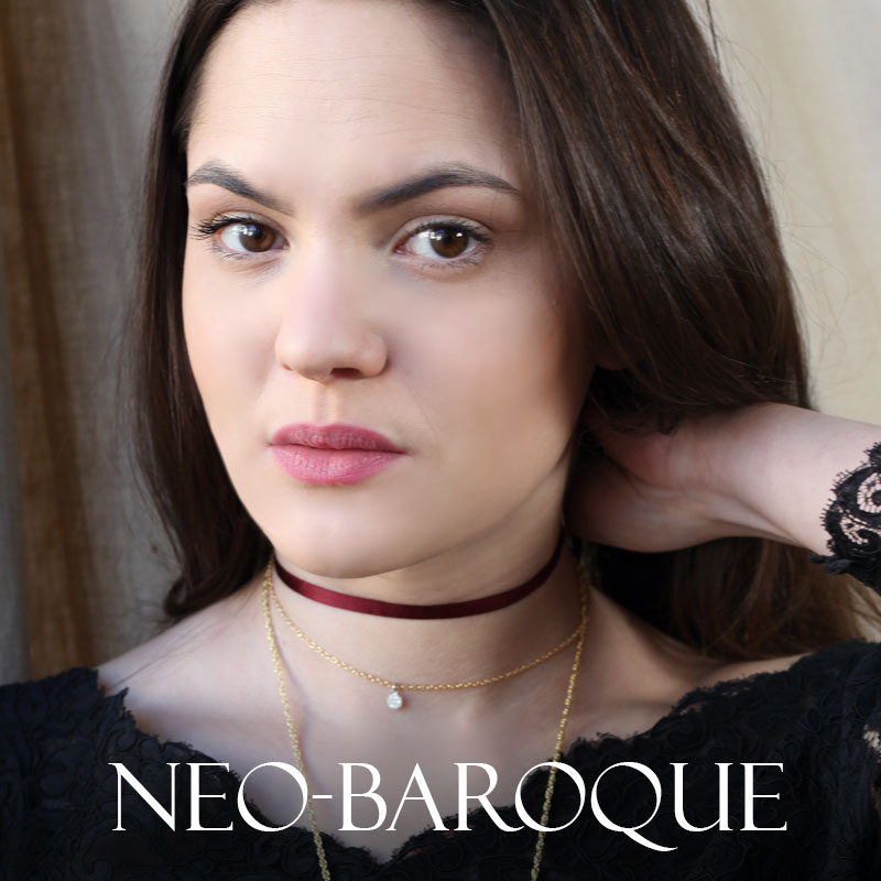 Double Ras de cou NEO-BAROQUE ruban de soie noir, argent 925/1000 doré et oxydes de zirconium