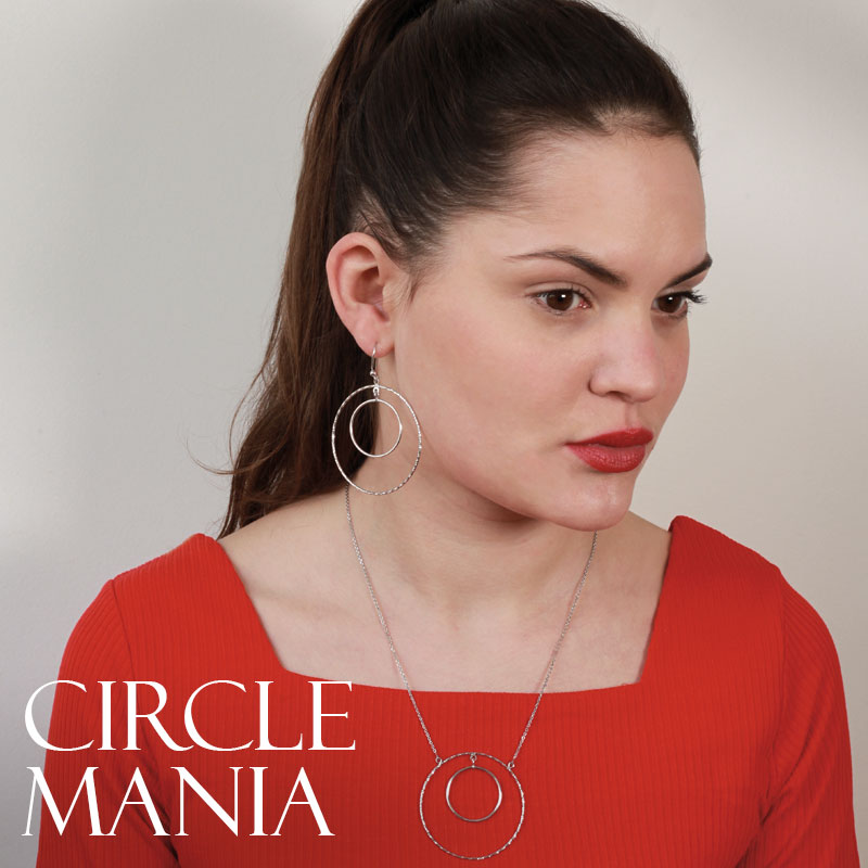 Collier CIRCLE MANIA en argent rhodié 925/1000 avec 2 cercles dont 1 aspect diamanté