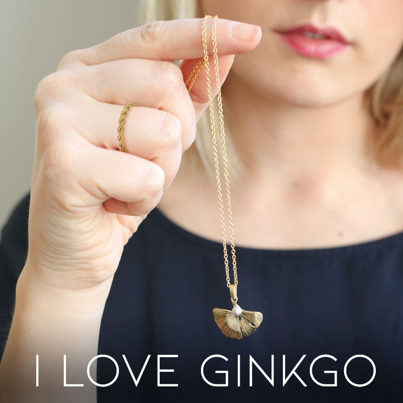 Collier I LOVE GINKGO feuille argent 925/1000 doré avec boule satinée en argent 925/1000 rhodié