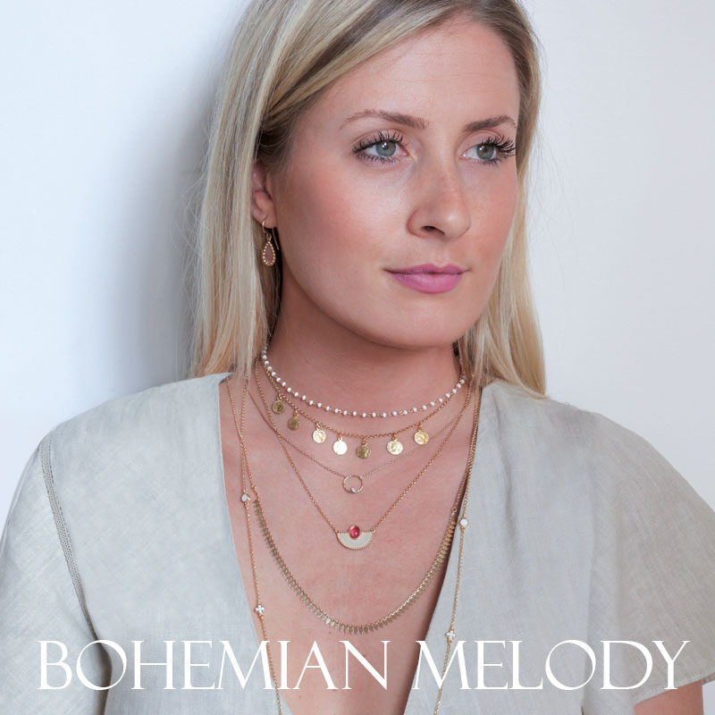 Collier BOHEMIAN MELODY demi-cercle en argent 925/1000 doré avec ovale en verre rosé