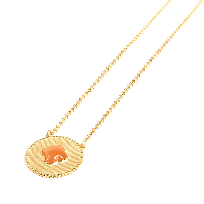Collier médaille perlée trèfle en Oeil de chat bleu, argent 925/100 doré