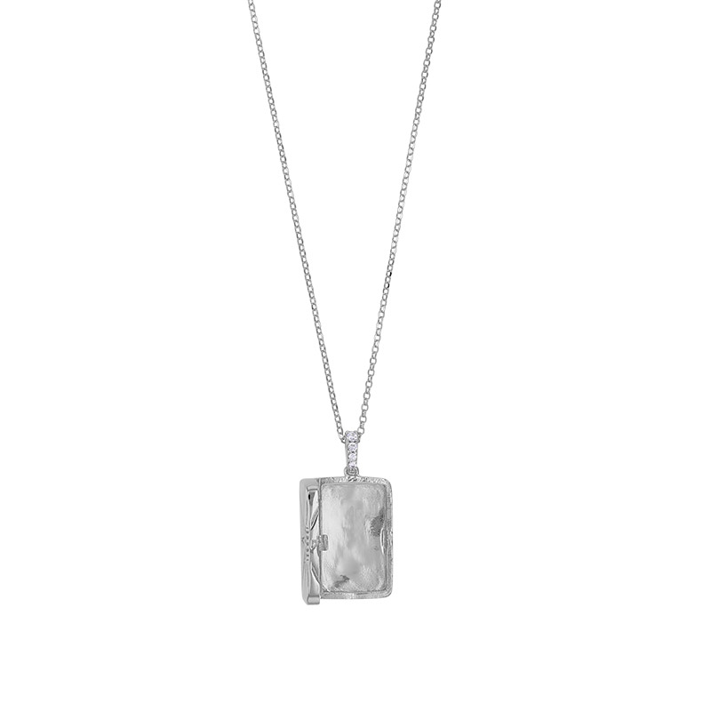 Collier cassolette rectangle avec étoile pavée d'oxydes, argent 925/1000 rhodié