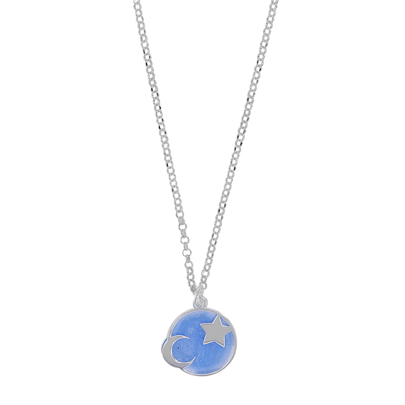 Collier rond émail bleu, lune étoile en argent 925/1000