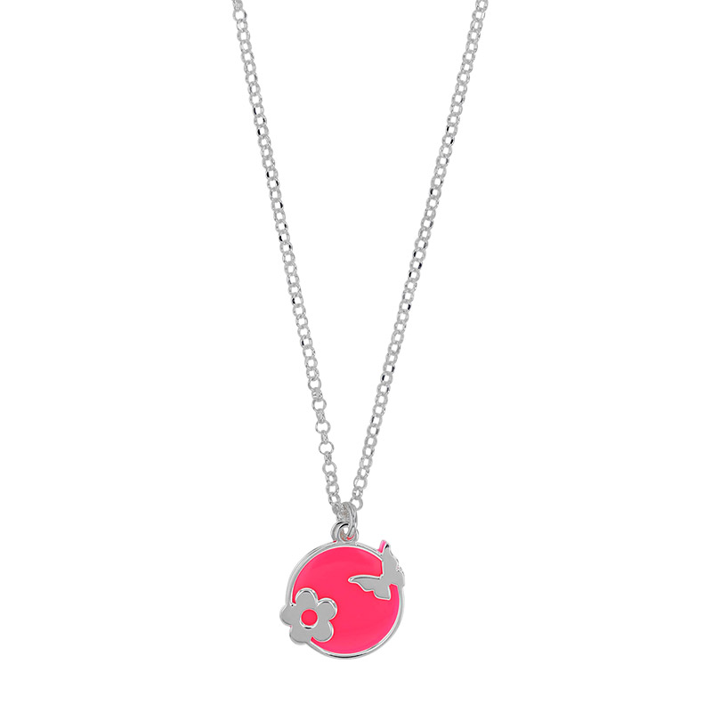 Collier rond émail rose fluo, fleur papillon en argent 925/1000