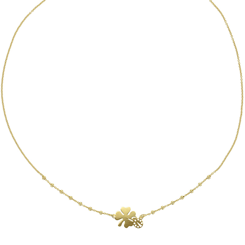 Collier perlé avec un trèfle et une coccinelle ajourée, argent 925/1000 rhodié