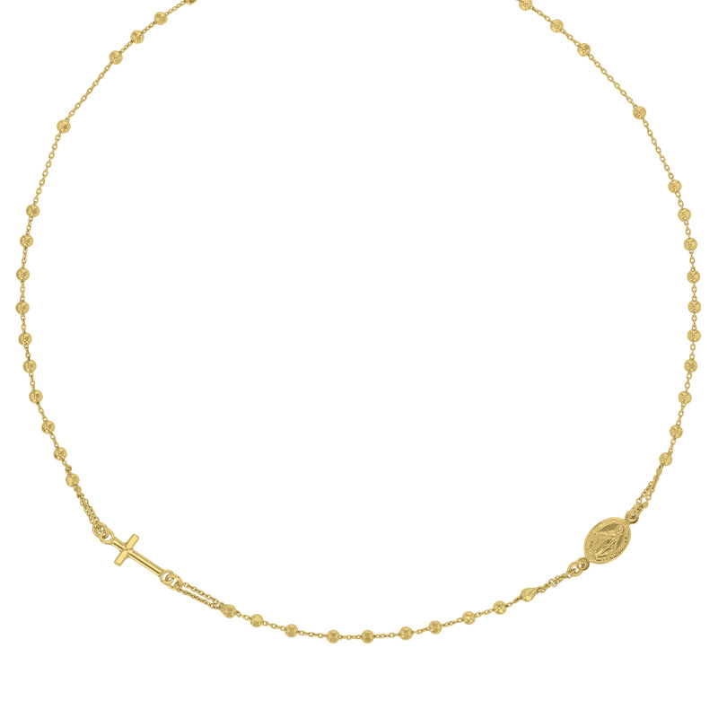 Collier maille boule avec une croix et une médaille Vierge Marie en argent 925/1000 rhodié