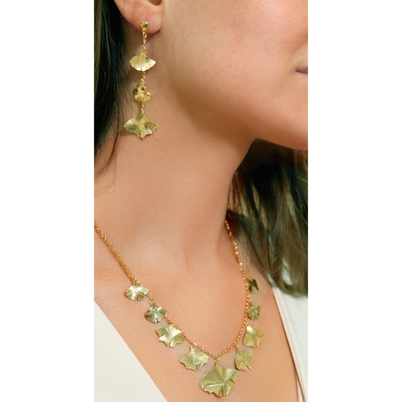 Collier feuilles de Ginkgo pendantes, argent 925/1000 doré