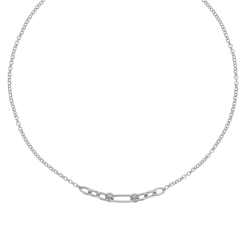 Collier cercles et ovales entrelacés maille jaseron, fermoir menotte en argent 925/1000 rhodié