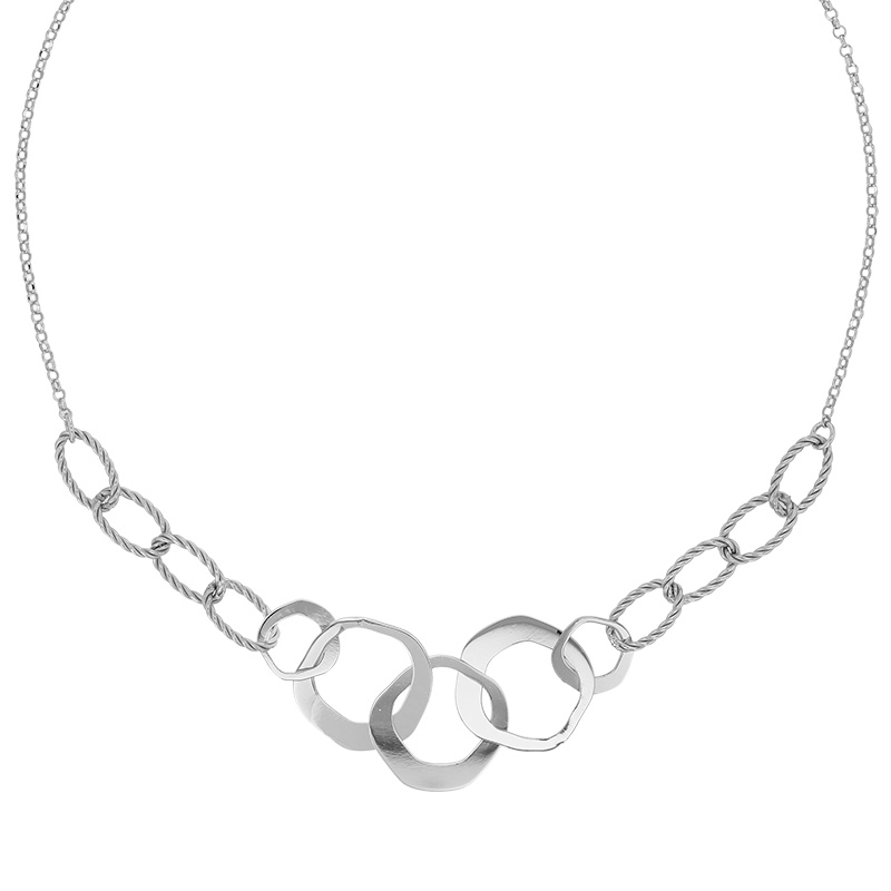 Collier ovales ciselés et ronds brillants maille jaseron, argent 925/1000 rhodié