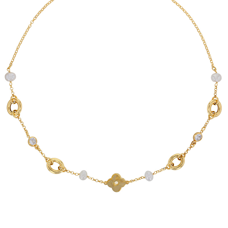Collier fleur, 4 perles de culture d'eau douce, 4 ronds et 2 oxydes, argent 925/1000 doré