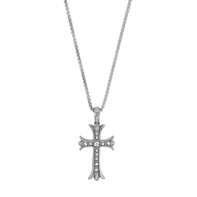 Collier croix style gothique ornée d'oxydes, maille pop-corn en acier