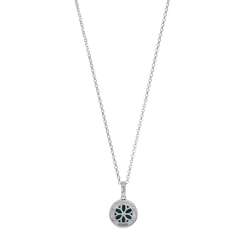 Collier réglable amazonite, fleur ajourée, bélière avec oxydes, argent 925/1000 rhodié