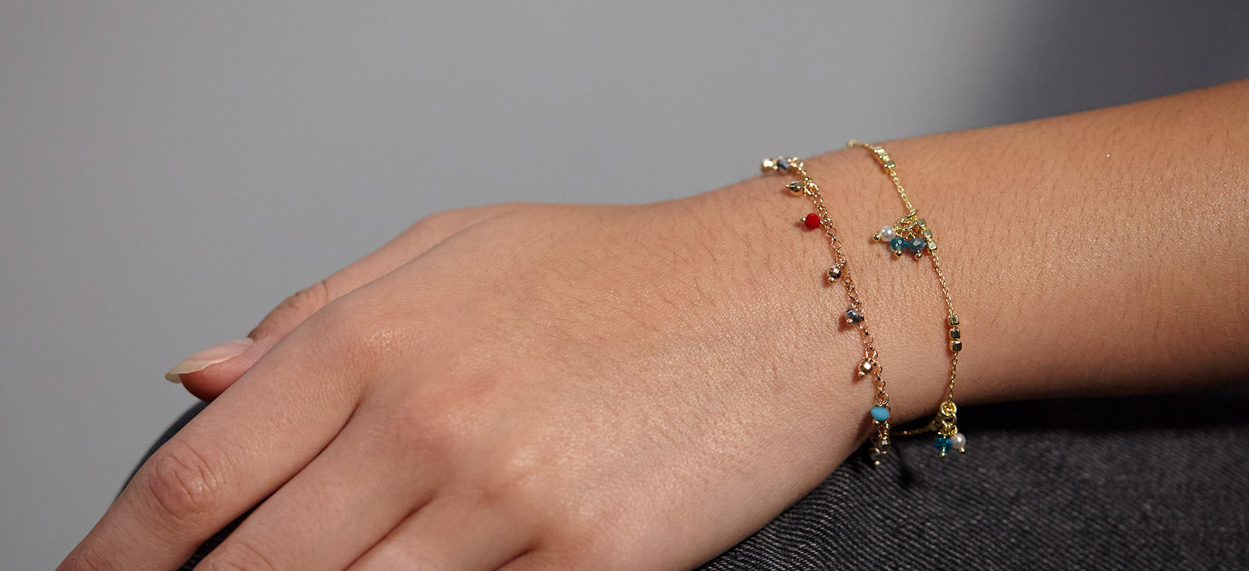 Bracelet pampilles cristaux bleus et blancs, argent 925/1000 doré