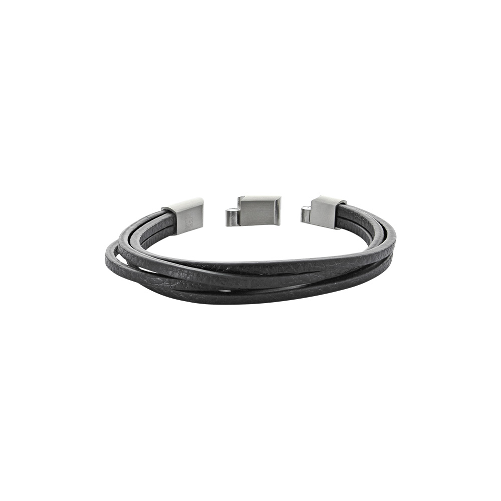 Bracelet 4 rangs cuir de bovin lisse noir, fermoir réglable acier