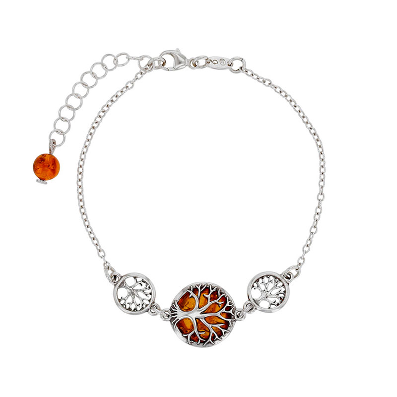Bracelet 3 Arbres de vie avec pierre ronde en Ambre et argent 925/1000 rhodié