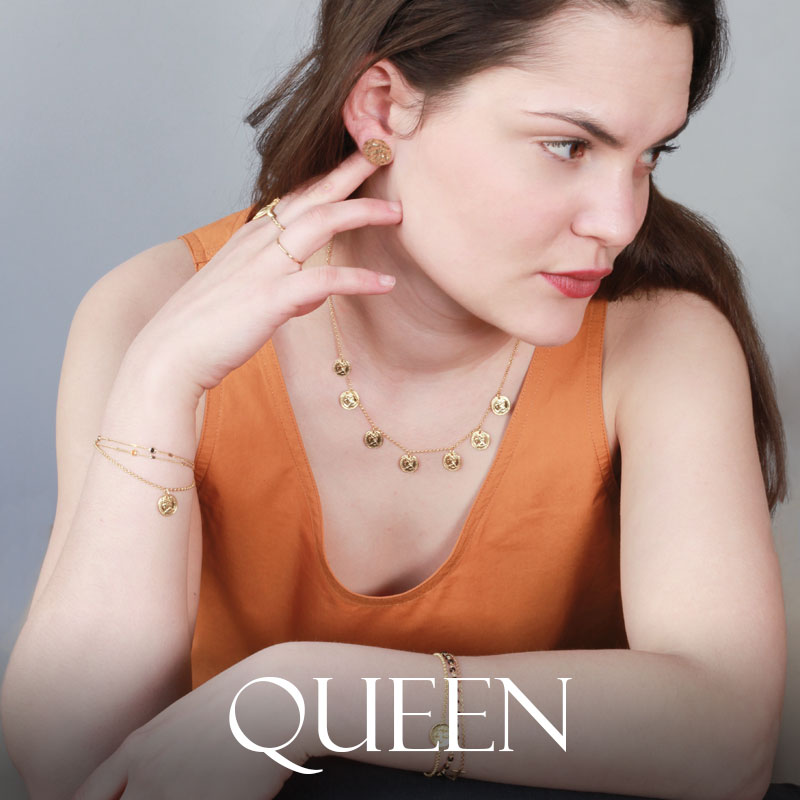 Bracelet QUEEN en Argent 925/1000 doré pampille motif Reine d'Angleterre