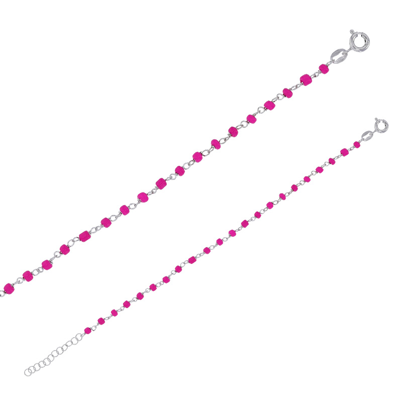 Bracelet perles de verre fuchsia, argent 925/1000 platiné