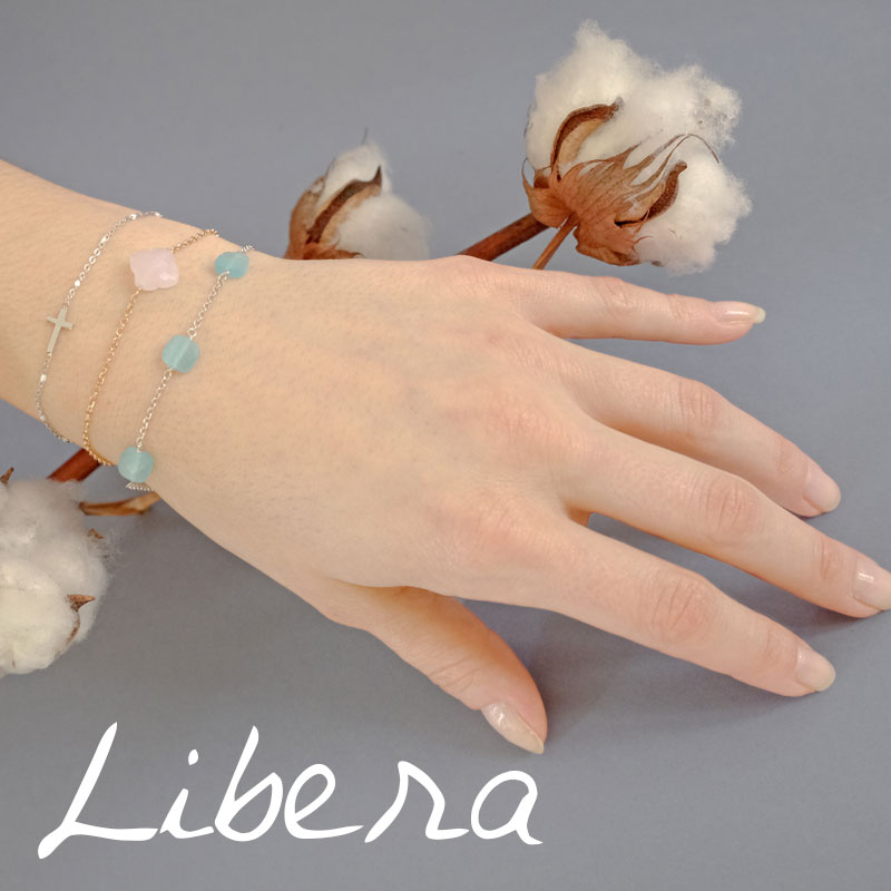 Bracelet en argent 925/1000 rhodié LIBERA avec Oeil de chat carré à facettes couleur aigue-marine
