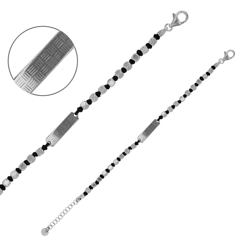 Gourmette identité cubes et cordon nylon noir, argent 925/1000 platiné